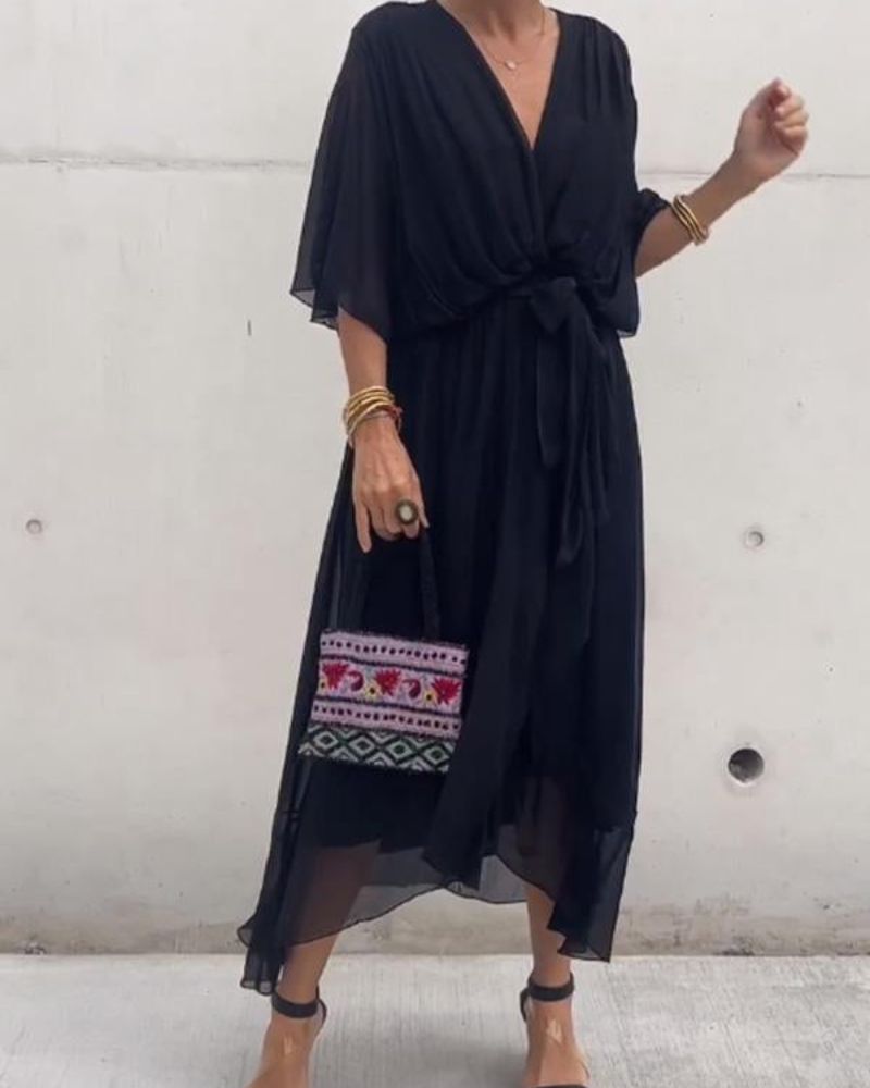 Rhea | Robe Croisée Fluide À Manches Chauve-Souris