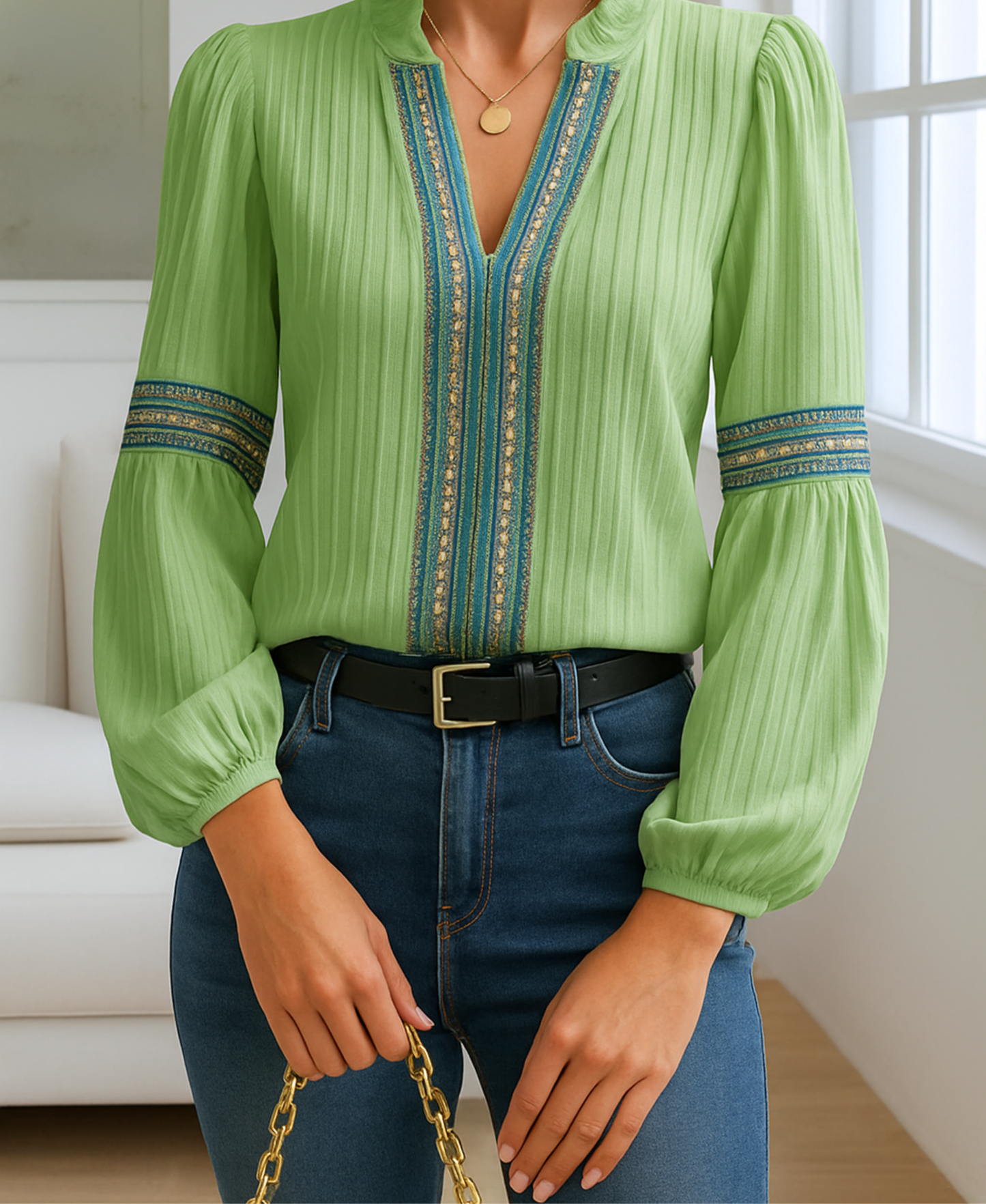 Vintage | Blouse Col En V Avec Broderies Élégantes