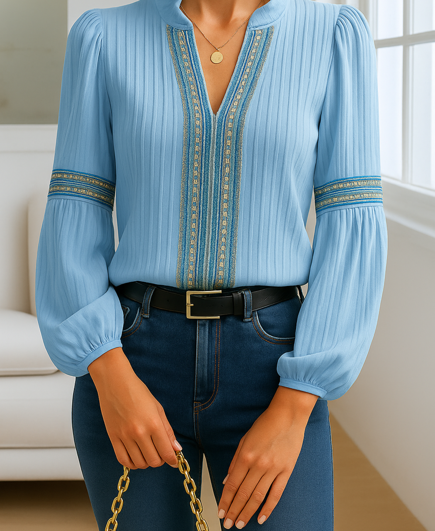 Vintage | Blouse Col En V Avec Broderies Élégantes