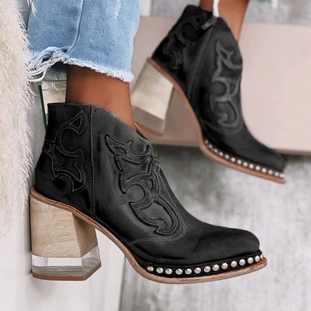 Miriam | Bottines En Cuir À Talon Sculpté Et Détail Western