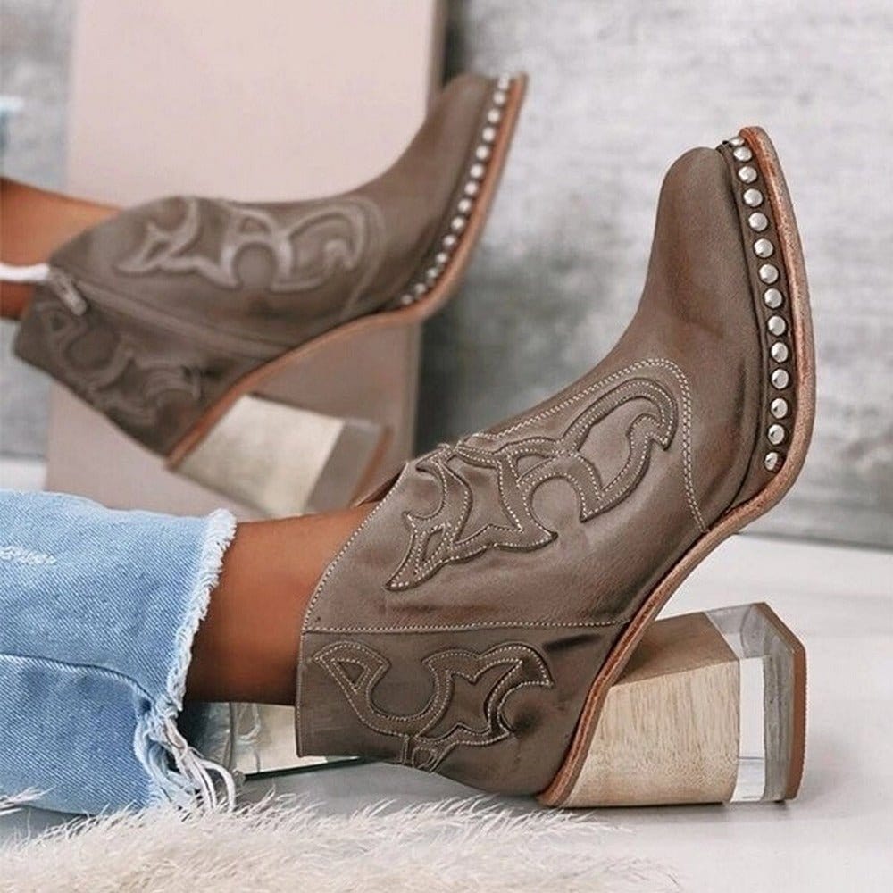 Miriam | Bottines En Cuir À Talon Sculpté Et Détail Western