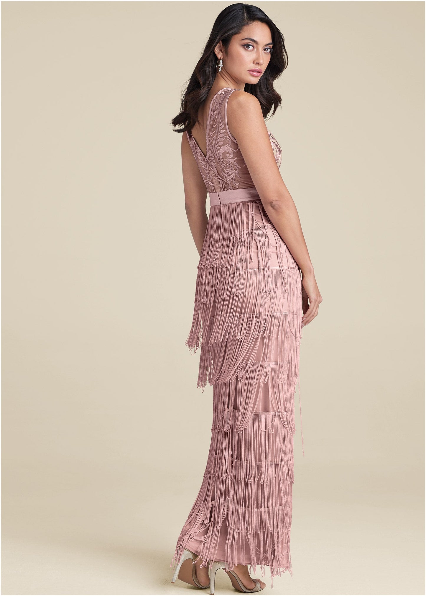 Embroidered Fringe Long Dress - Tan