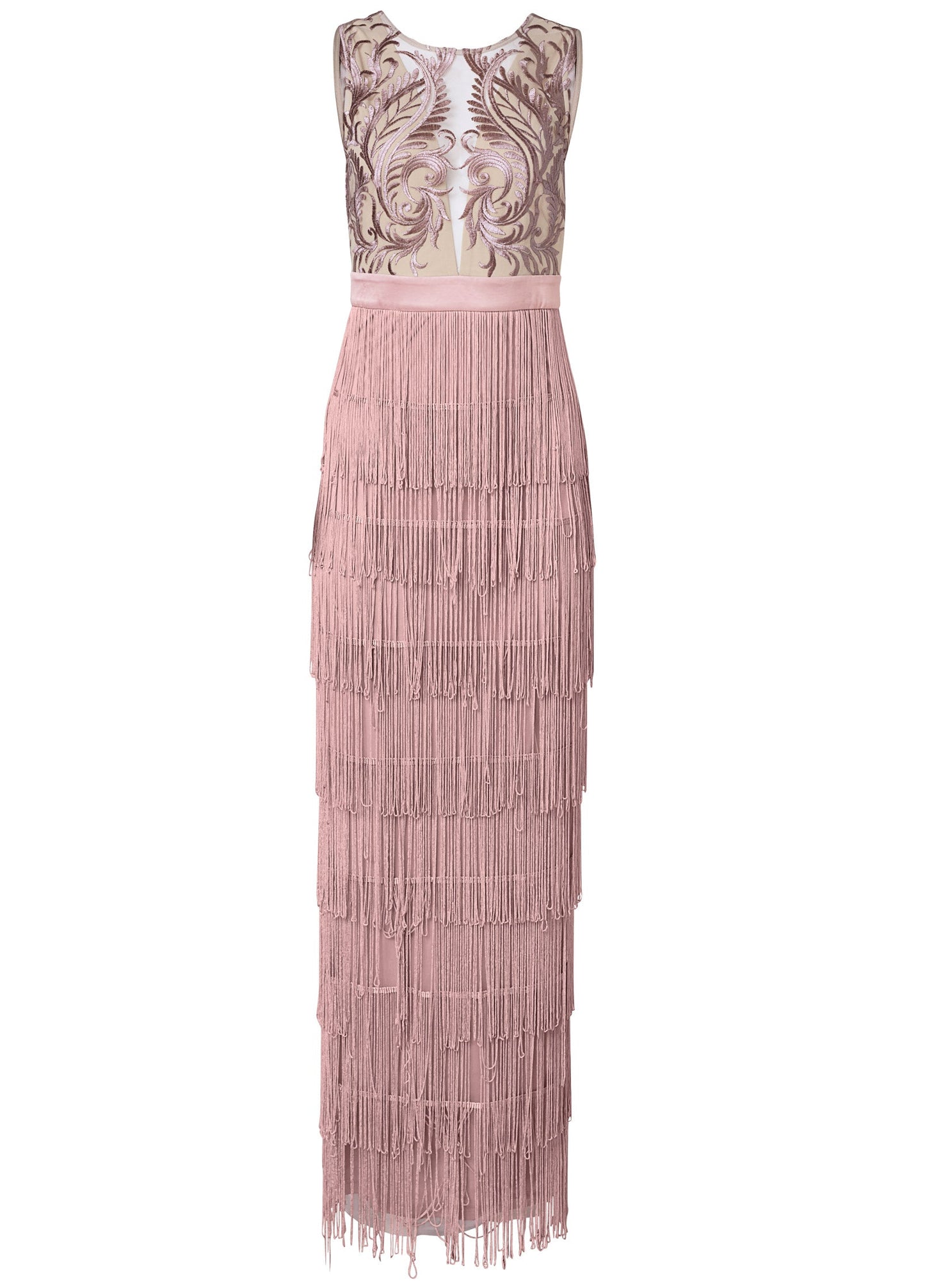 Embroidered Fringe Long Dress - Tan