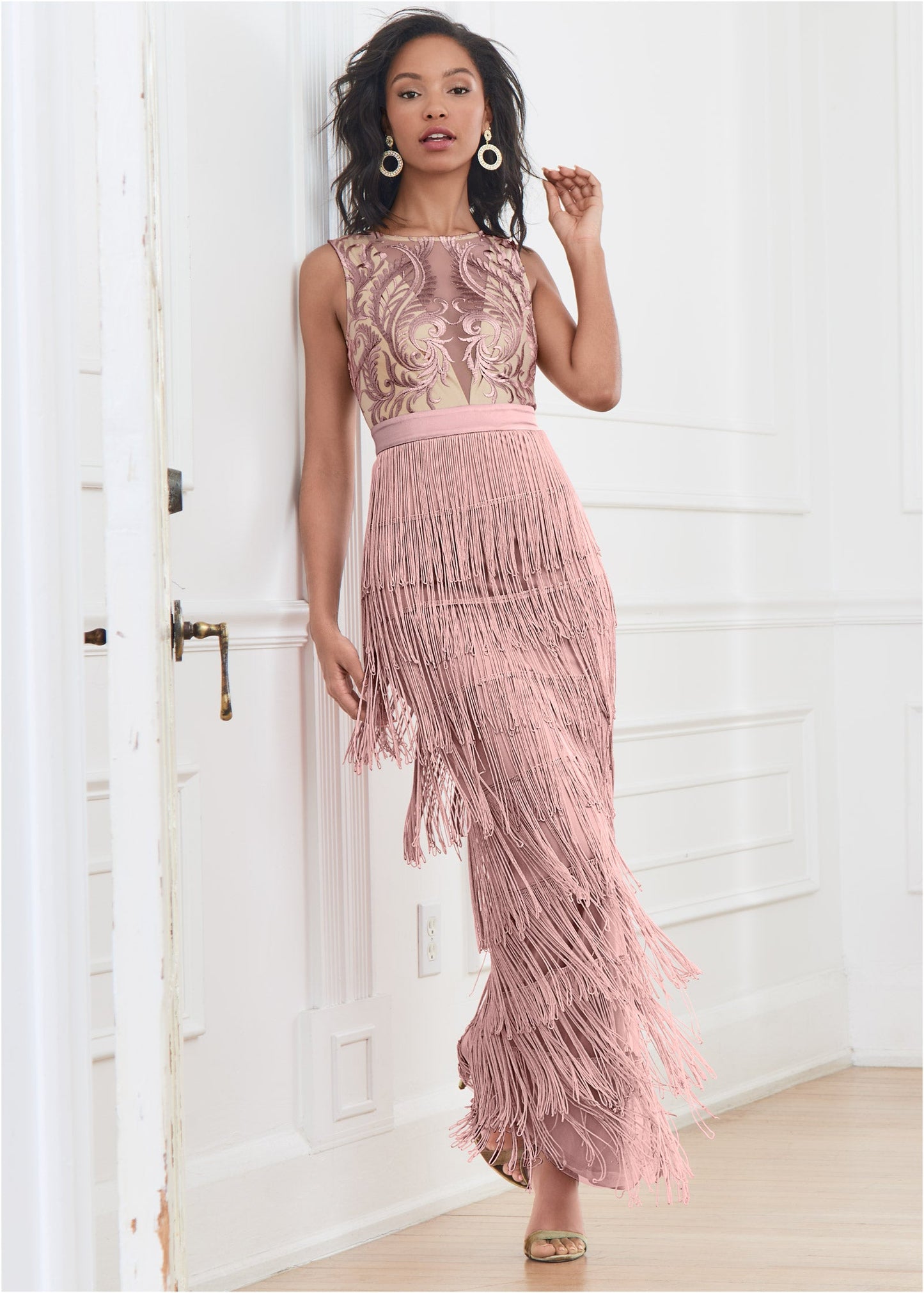 Embroidered Fringe Long Dress - Tan