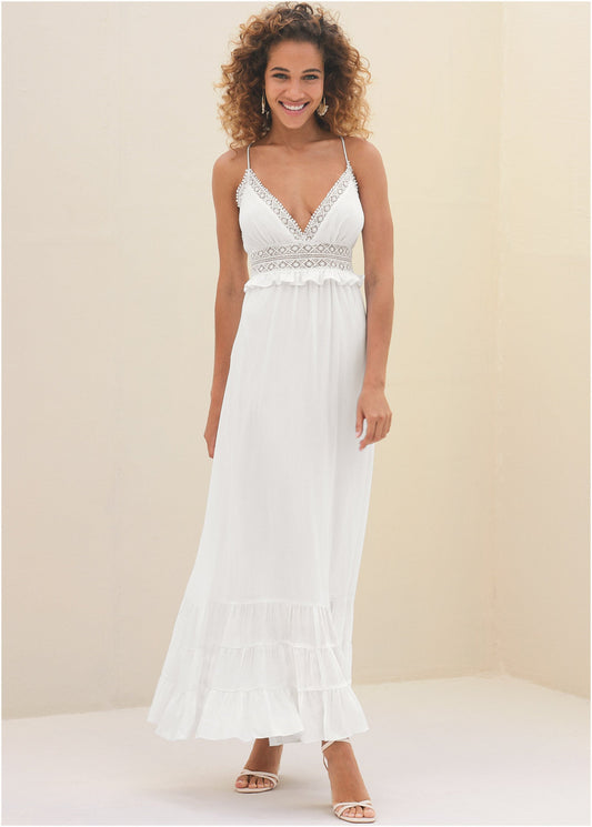 Crochet Detail Maxi Dress  - Off White