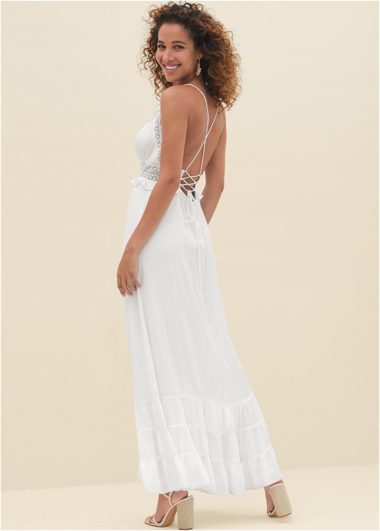 Crochet Detail Maxi Dress  - Off White