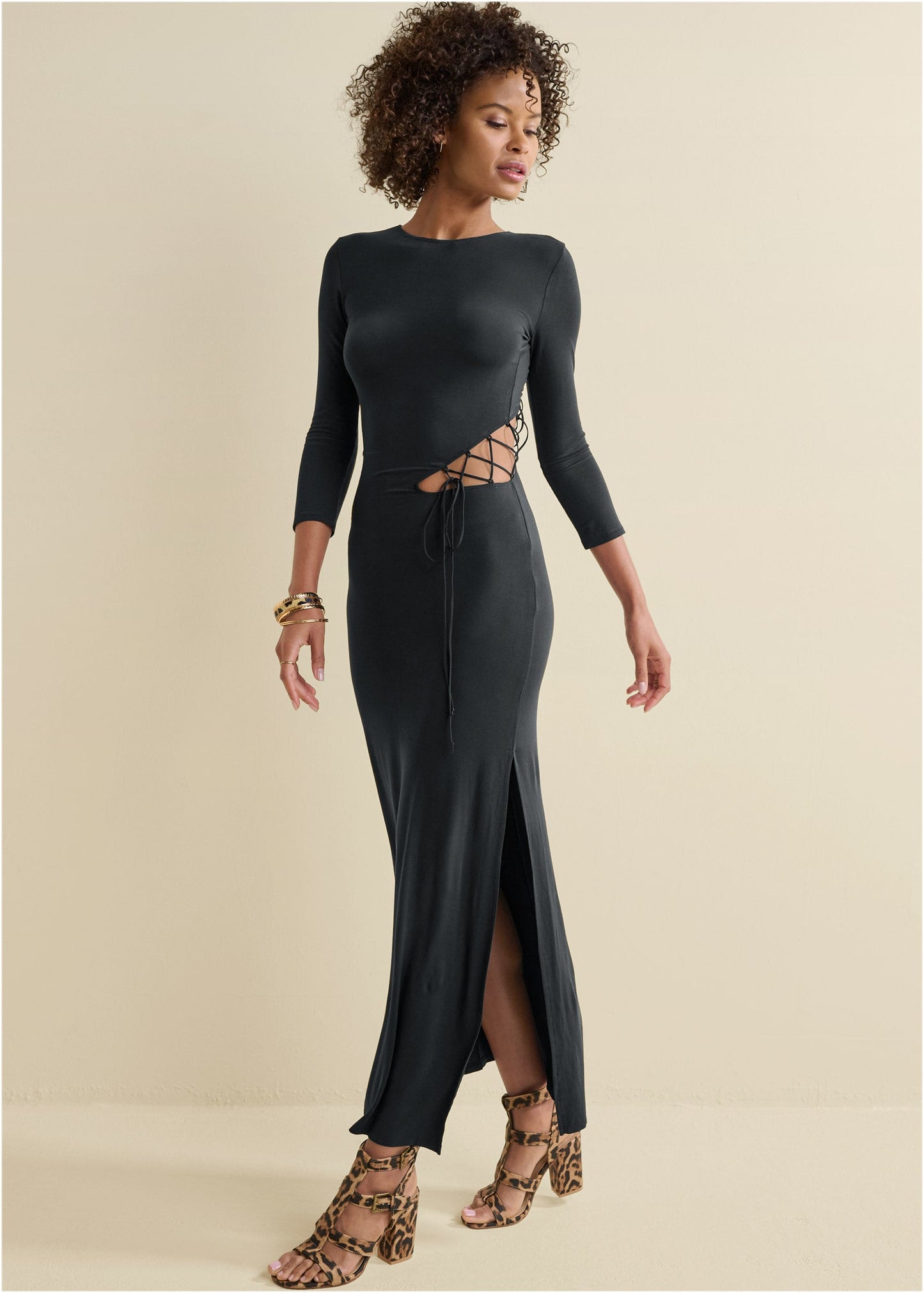 Lace-Up Cutout Maxi Dress  - Black