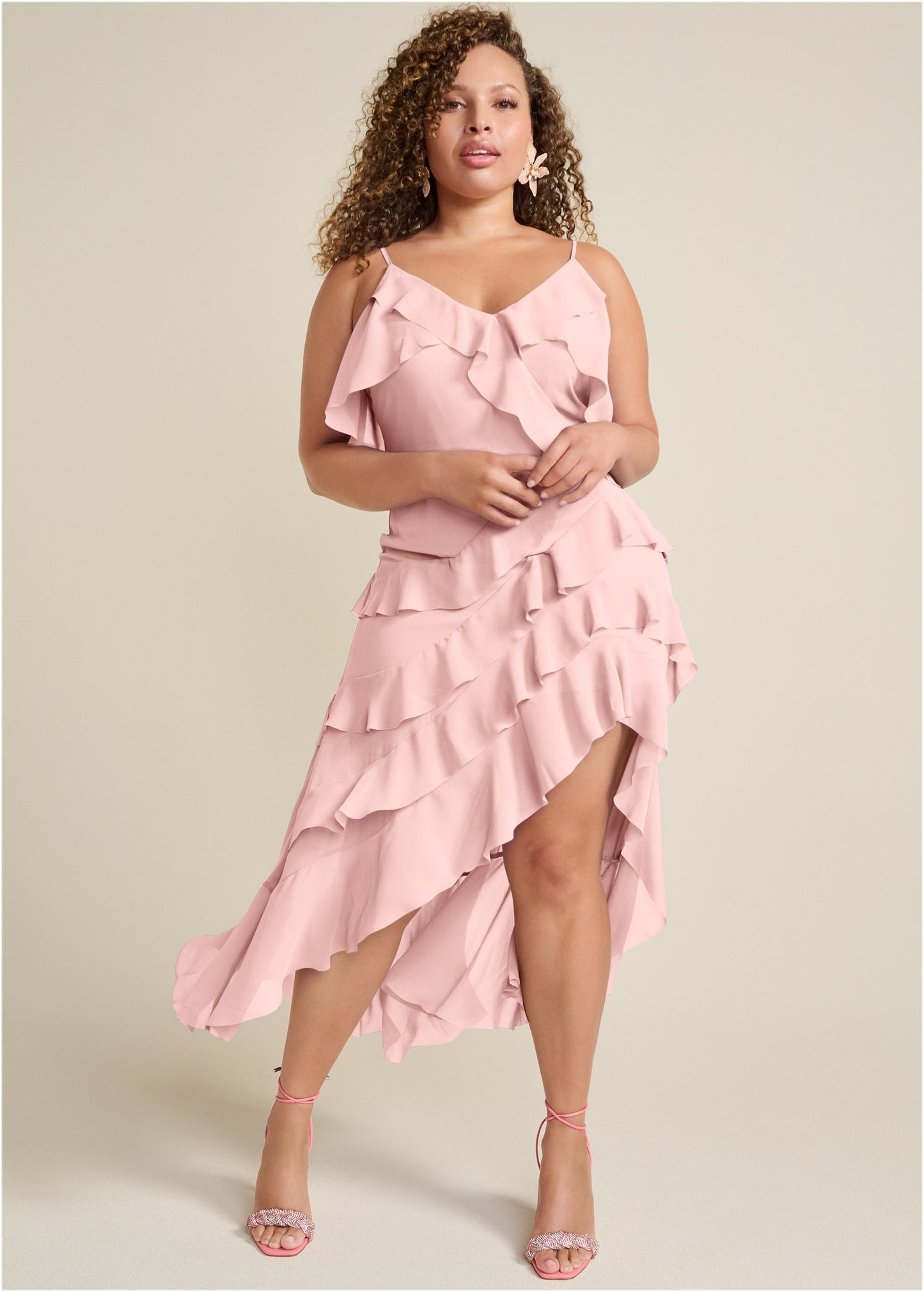 High-Low Ruffle Maxi Dress - Pink