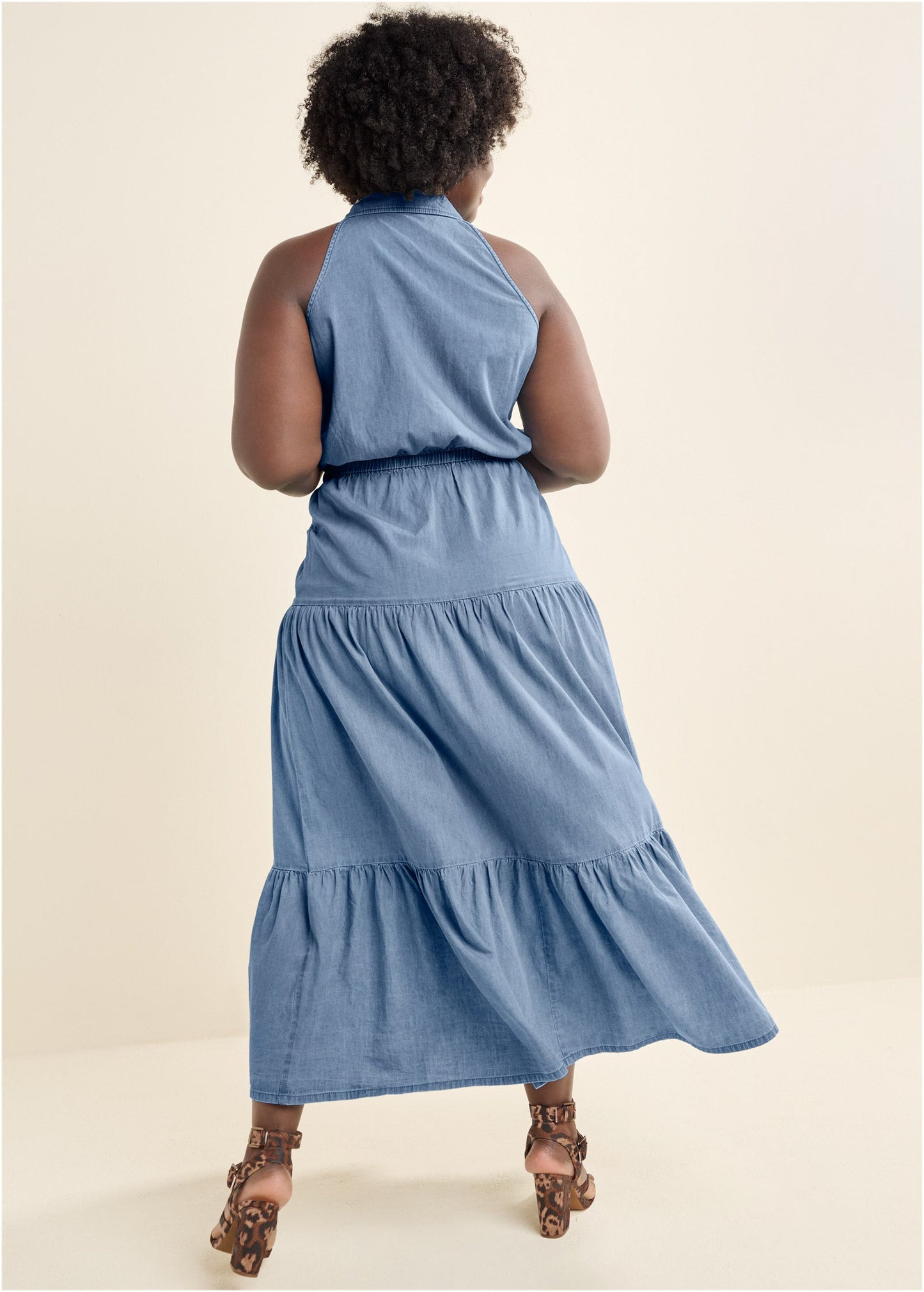 Chambray Tiered Maxi Dress  - Medium Wash