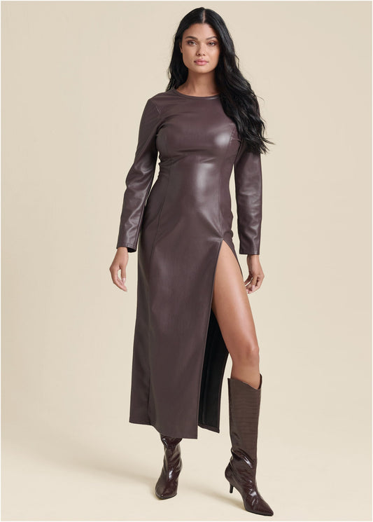 Faux Leather Column Maxi - Dark Brown