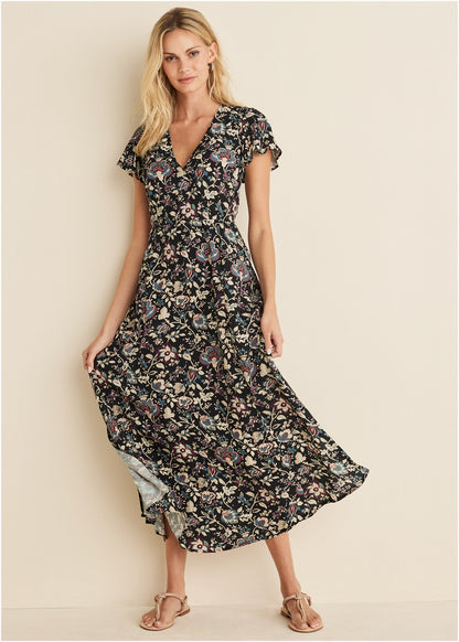 Abstract Print Maxi Dress - Black Floral