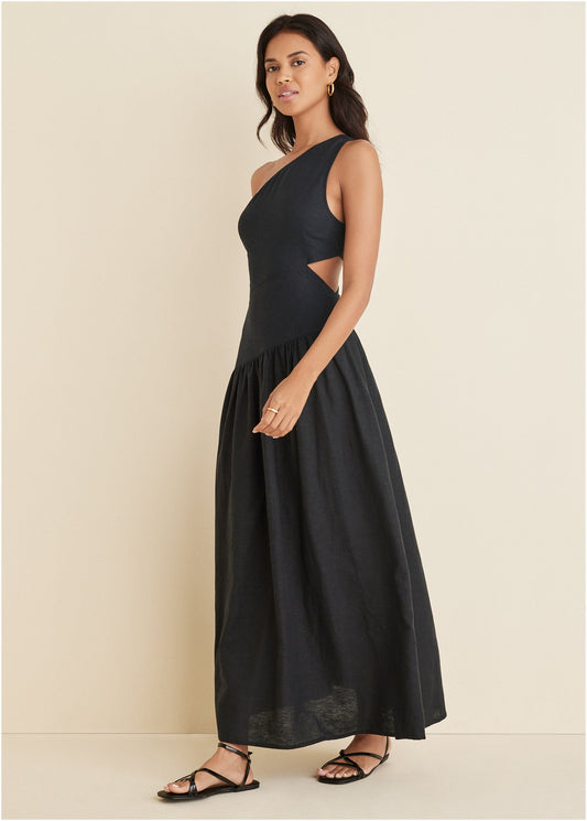 Linen Cutout Maxi Dress - Black