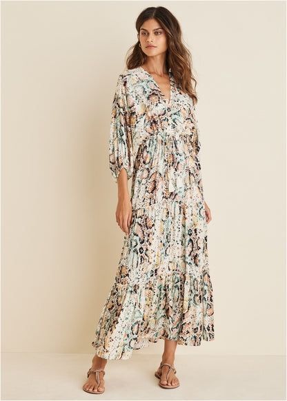 V-Neck Maxi Dress - White Multi