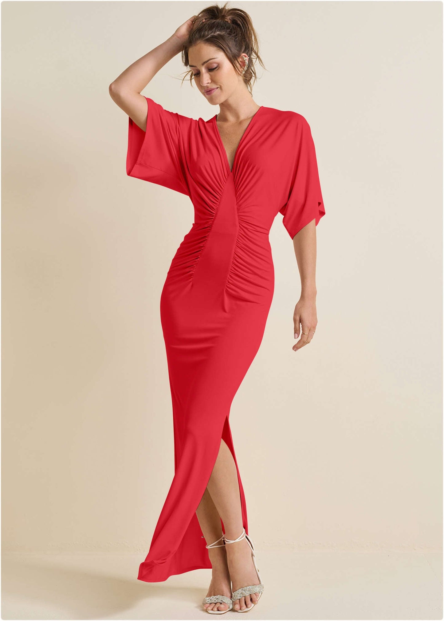 Drape Sleeve Maxi Dress - Red