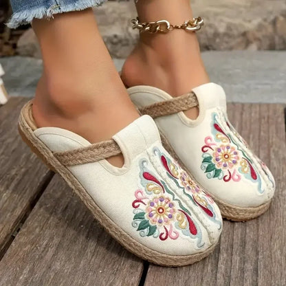 Katy | Pantolettes en Coton Brodé à Fleurs